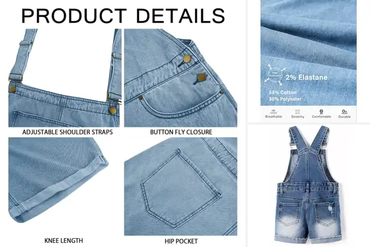 Detailed view of Best Snap Button Denim Overall Shorts
